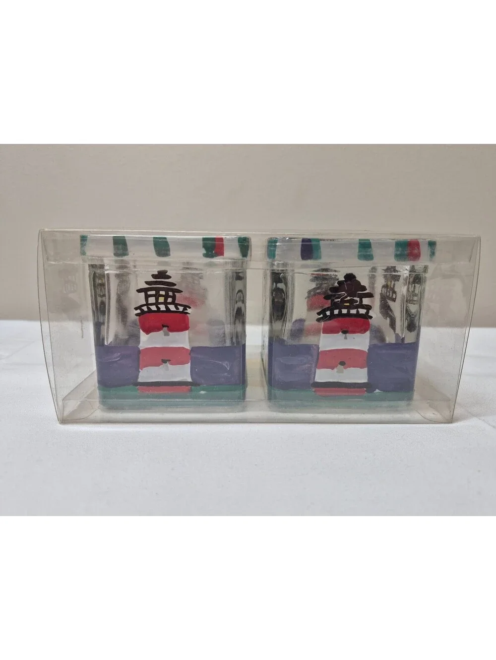 Huntington Set of 2 Lighthouse Hand-Painted Glass Votive Candle Holders J50